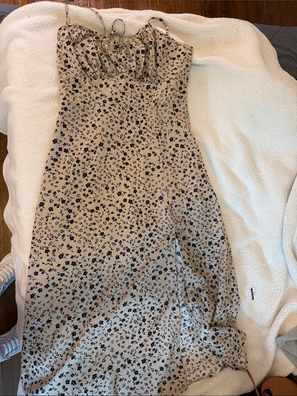 Beige Floral Slip Dress with Black Print